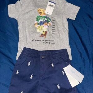 Ralph Lauren Polo Bear Tee & Embroidered Navy Shorts Set - Gray & Navy New